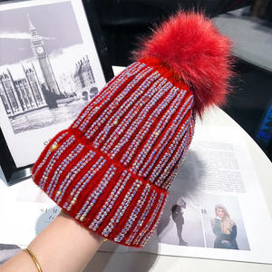 Red Womens Faux Fur PomPom Rhinestone Beads Beanie